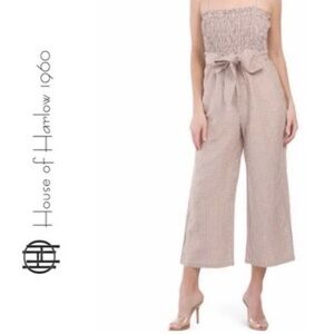 House of Harlow 1960 gingham beige smocked capri jumpsuit linen blend wide leg